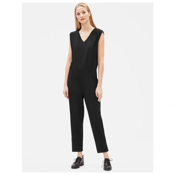 Eileen Fisher Black V-Neck Washable Crepe Stretch Jersey Knit Pant Jumpsuit MP - Picture 3 of 9